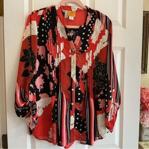 EUC Ruby Rd Brand Women’s Size Medium Floral Button-Up Blouse - Red and Black